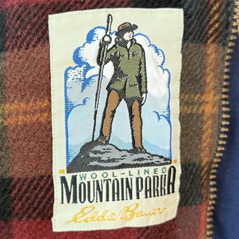 Vintage Eddie Bauer Mountain Parka Jacket L Tall Blue Zip Hooded Wool Lined Y2K